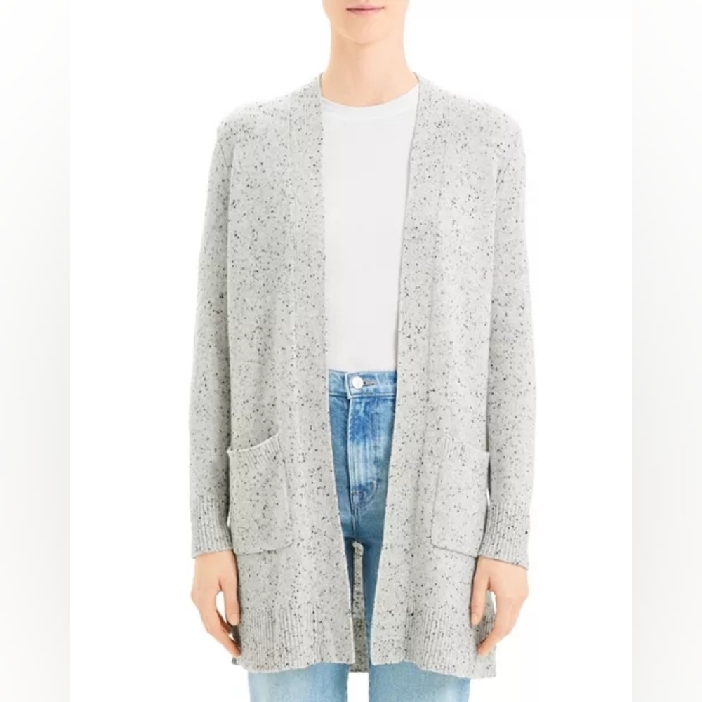 Theory Sweater Womens P Gray Open Front Belt Cardigan Donegal Cashmere Speckled
